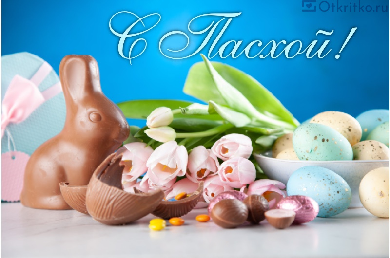 Открытка с шоколадным кроликом, тюльпанами, пасхальными яйцами 800x530
