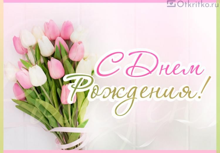 Открытка с букетом тюльпанов на День Рождения женщине