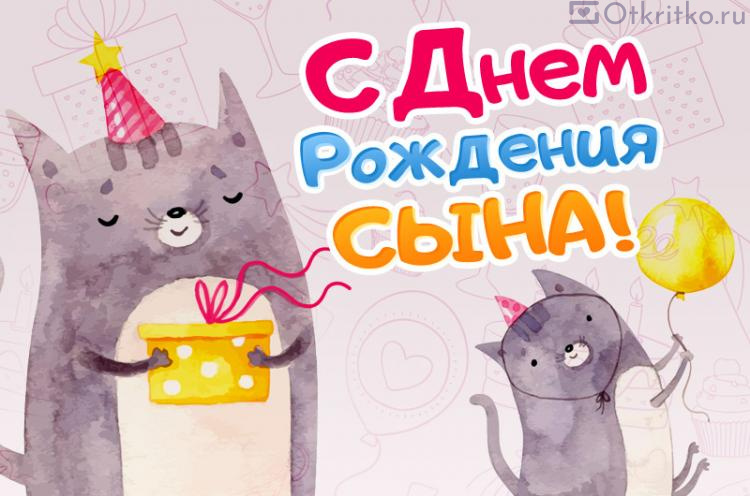 С днем рождения Сына - позитивная поздравительная открытка с котиками 750x496