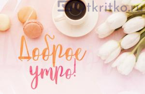 Картинка Доброе Утро, с красивым белыми тюльпанами, разноцветными печеньками макарон и чашечкой бодрящего кофе 300x195