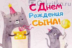 С днем рождения Сына - позитивная поздравительная открытка с котиками 300x198