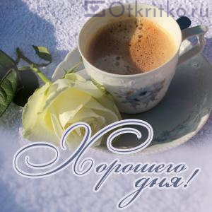 Красивая открытка с чашкой кофе, розой и пожеланием Хорошего Дня 300x300